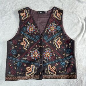 PASTA Embroidered Wool Vest Womens Large Brown Boho Folk Artisan‎ Cottagecore